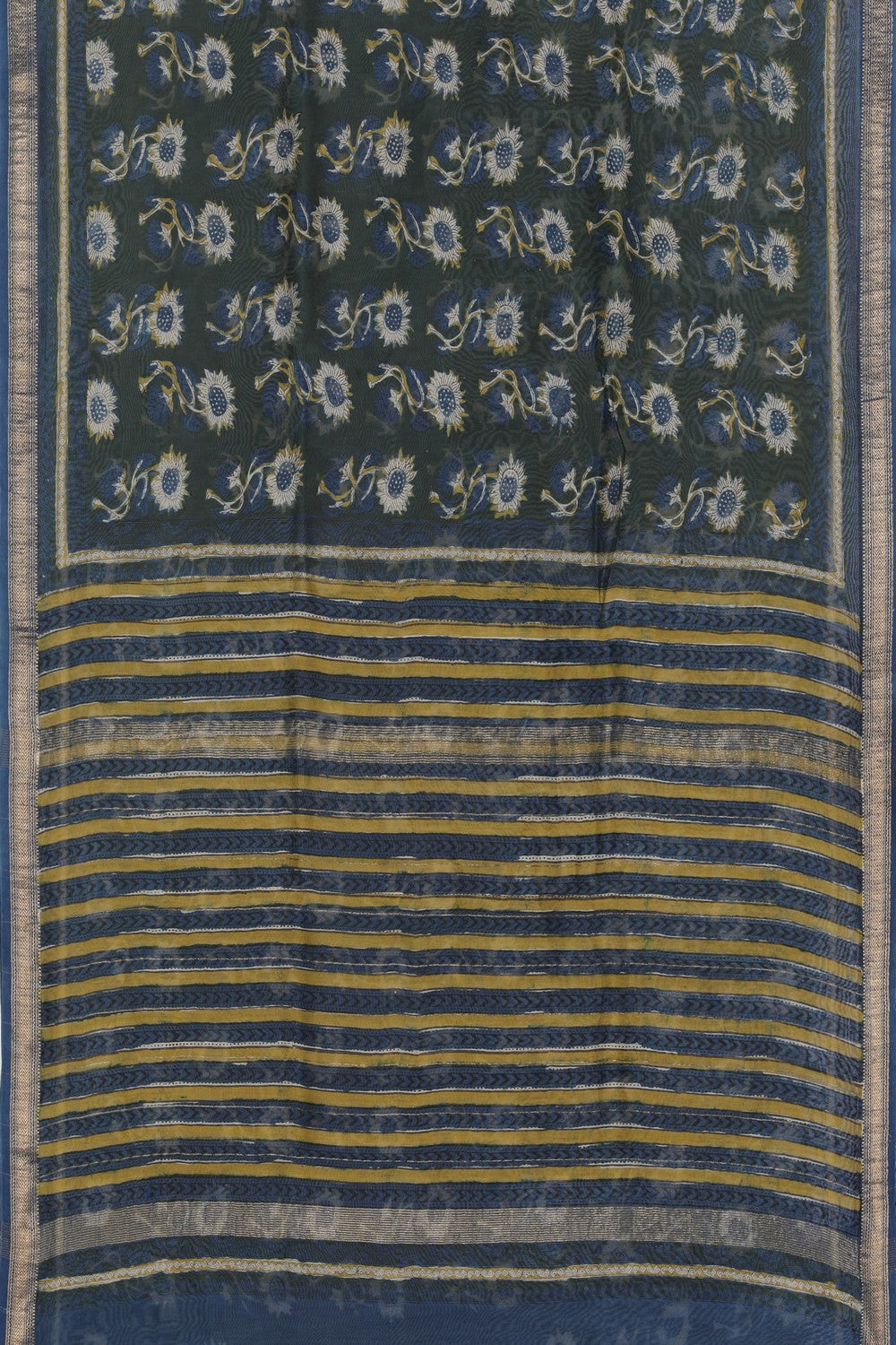 Image of Bottle Green Hand Block printed Bagru Chanderi Saree